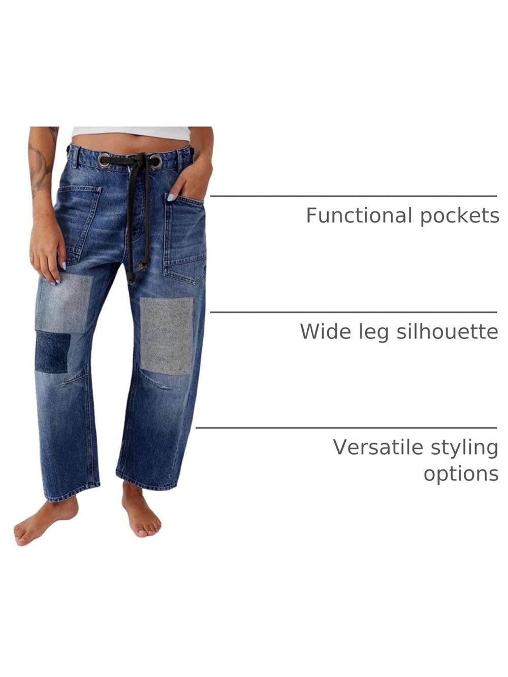 Womens Baggy Barrel Horseshoe Jeans Wide Leg Patchwork Low Rise Denim Pants Sz 6 - Picture 3 of 5